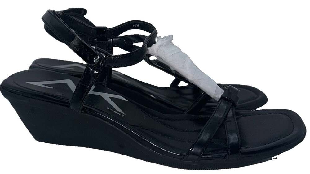 AK Anne Klein Sport Mazeppa Womens Size 10M Black Jeweled T Strap Wedge Sandals